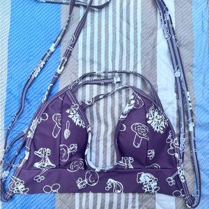 Brown  Bikini Top with White mushrooms Pattern
